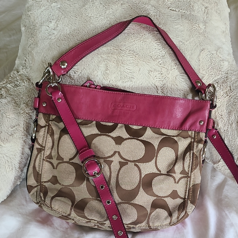 Coach Pink and Brown Signature Shoulder Bag